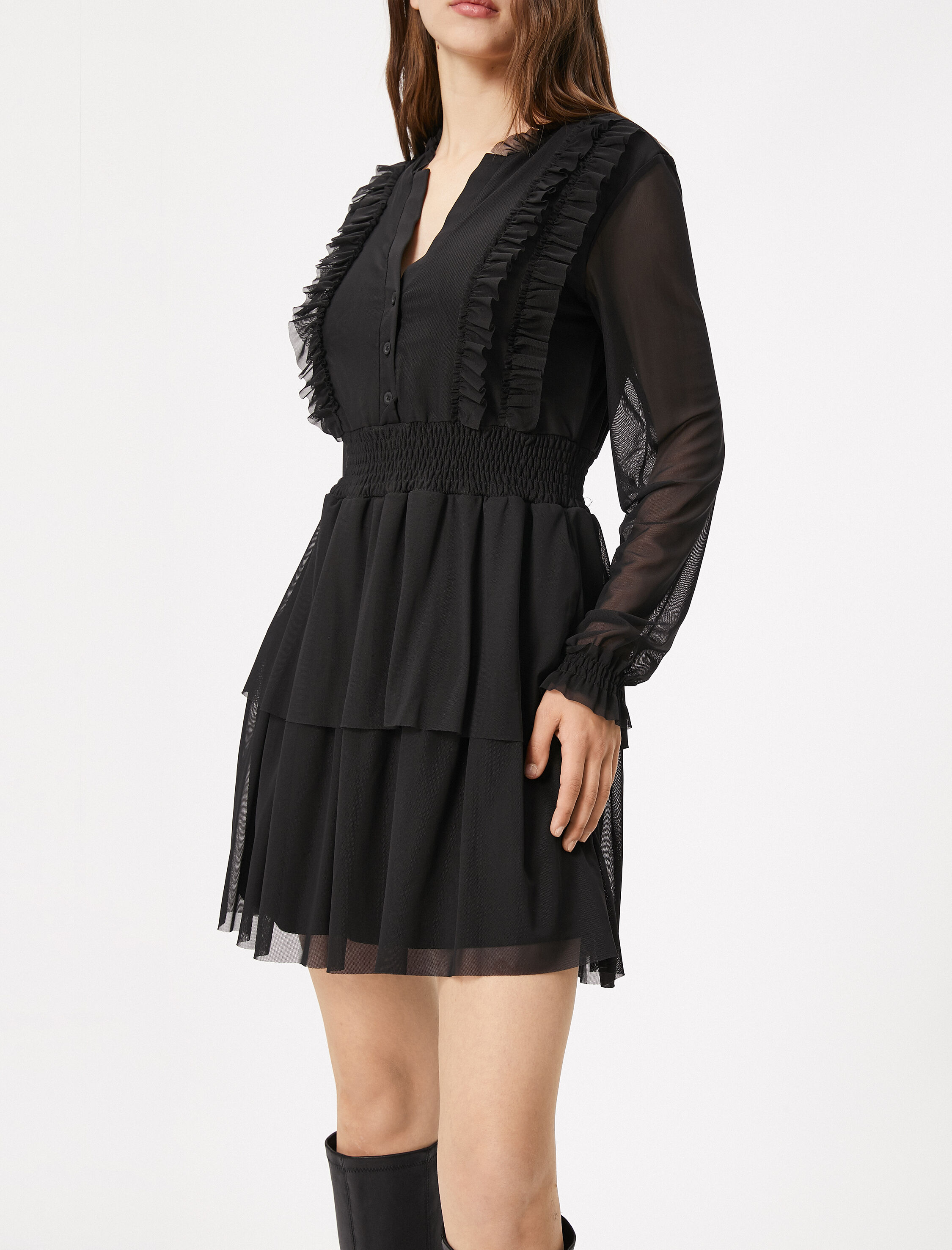   Tül Kısa Elbise Uzun Kollu Katlı Gipeli Düğme Detaylı Fırfırlı Astarlı