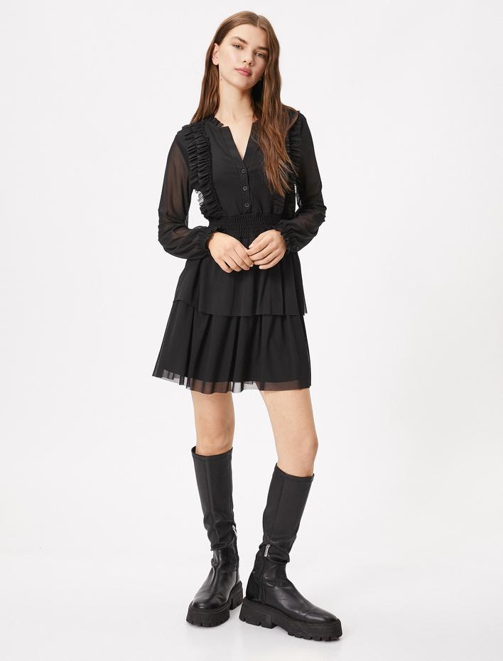  Tül Kısa Elbise Uzun Kollu Katlı Gipeli Düğme Detaylı Fırfırlı Astarlı