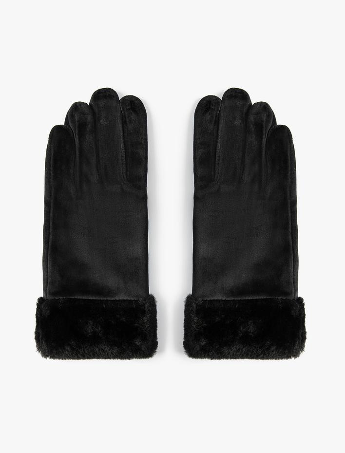 Kadın Kadife Eldiven Suni Kürk Detaylı İçi Polar Astarlı
