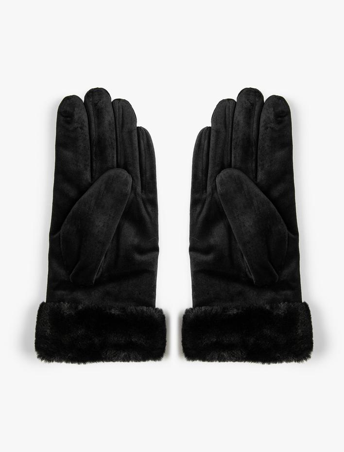 Kadın Kadife Eldiven Suni Kürk Detaylı İçi Polar Astarlı