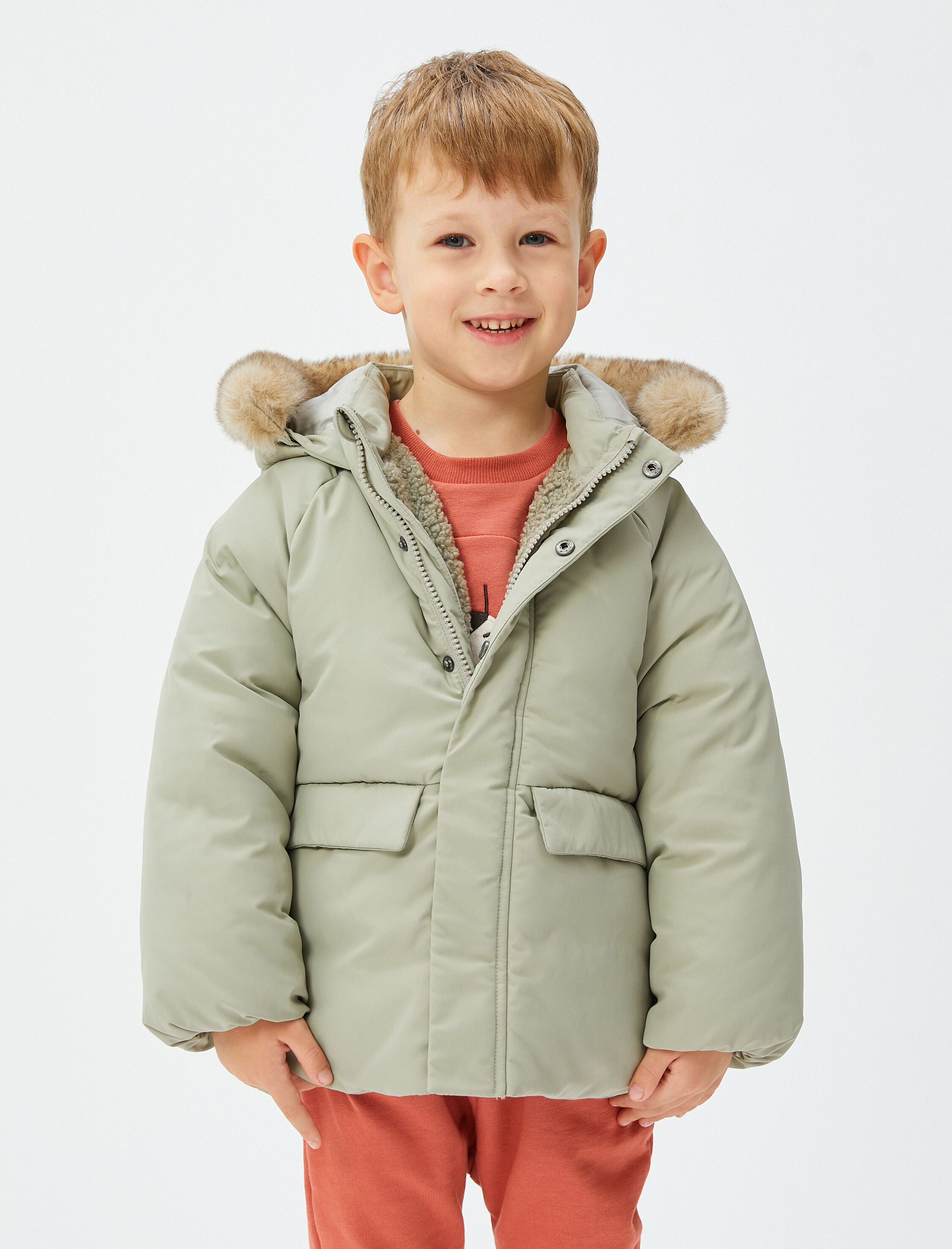  Erkek Bebek Kapşonlu Kaban Peluş Astarlı Dolgulu Cepli