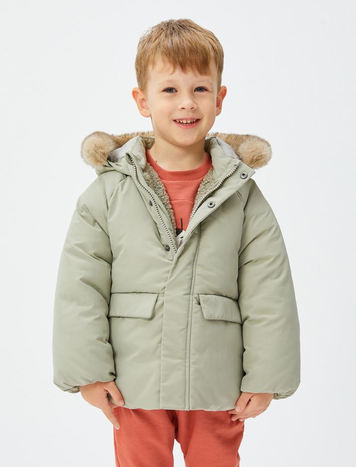 Erkek Bebek Kapşonlu Kaban Peluş Astarlı Dolgulu Cepli