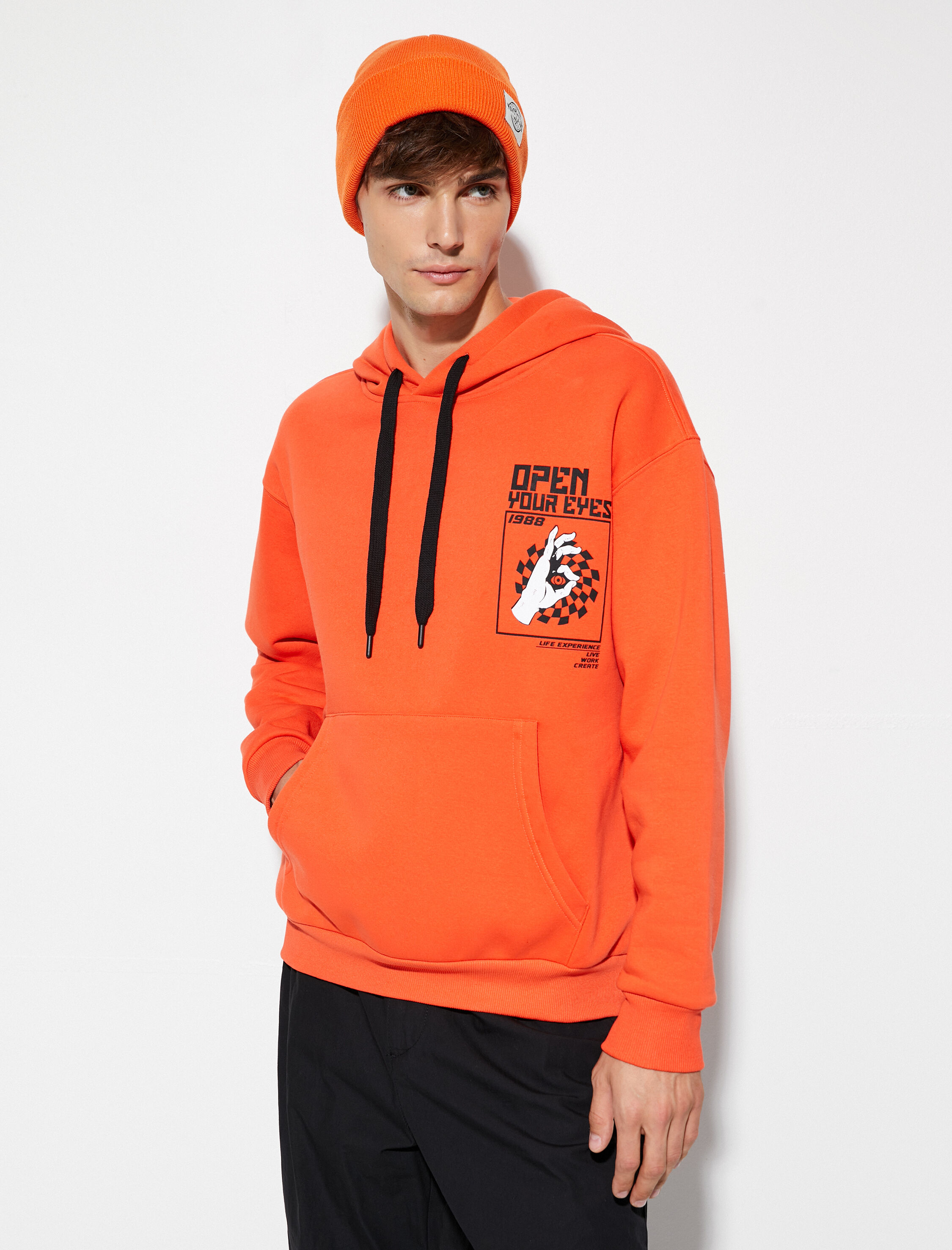   Kapşonlu Sweat Kanguru Cepli Baskılı Uzun Kollu Şardonlu