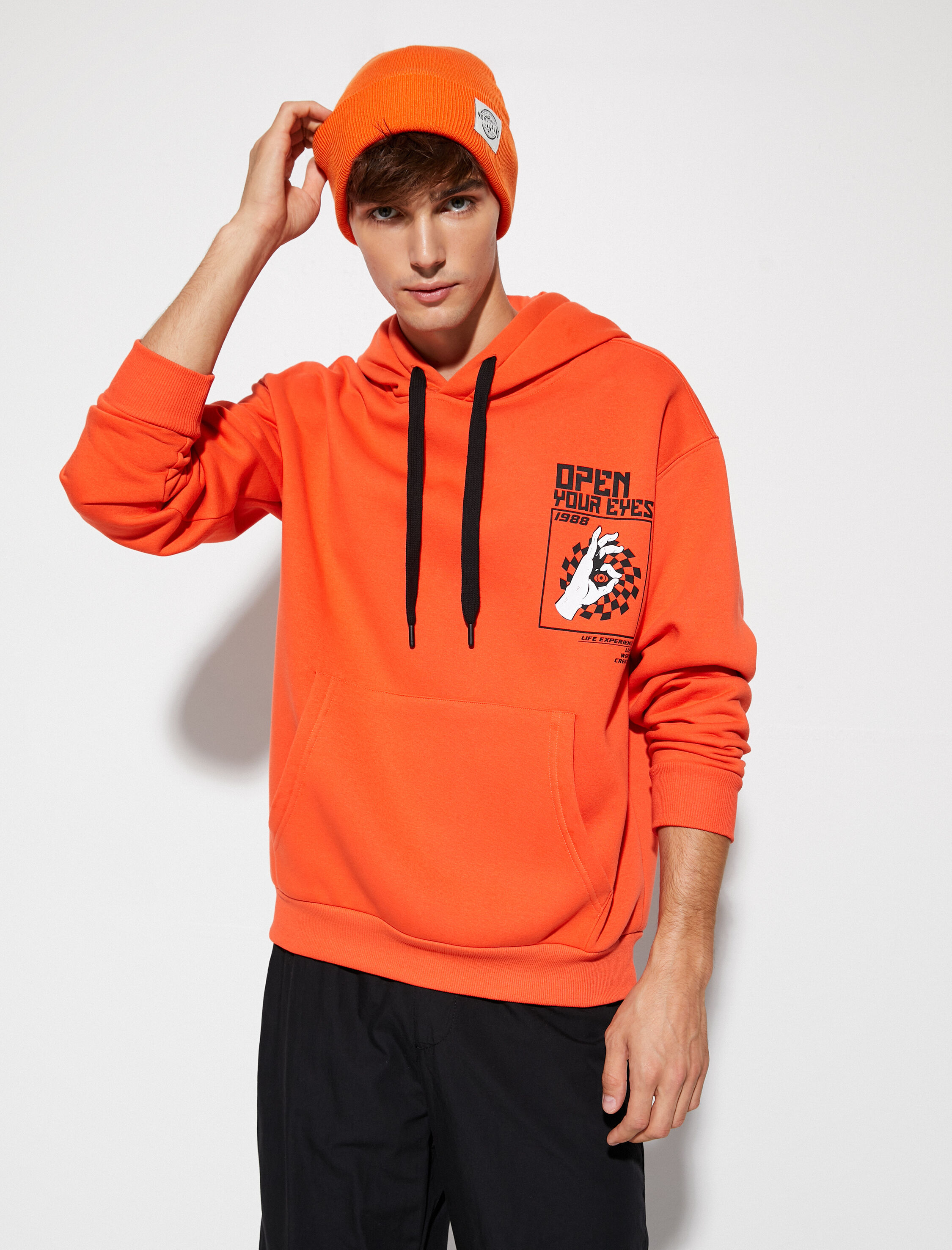   Kapşonlu Sweat Kanguru Cepli Baskılı Uzun Kollu Şardonlu