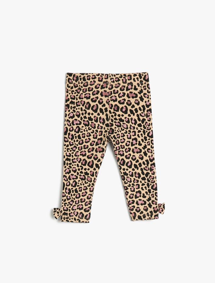 Kız Bebek Tayt Leopar Desenli Fiyonk Detaylı Pamuklu Şardonlu