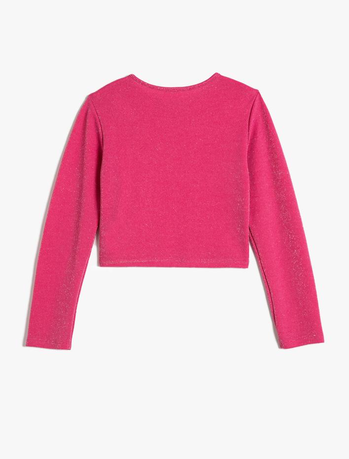 Kız Çocuk Tişört Parıltılı Uzun Kollu Yuvarlak Yaka Pencere Detaylı