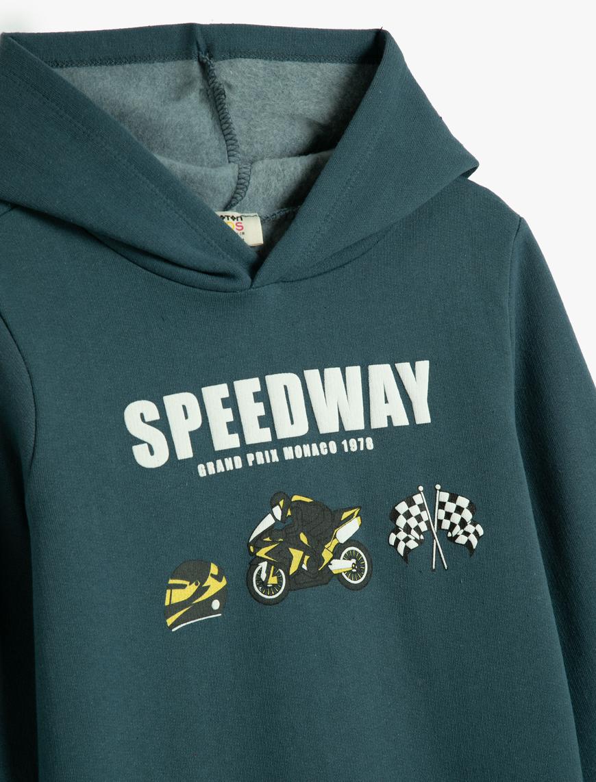  Erkek Çocuk Kapşonlu Sweatshirt Şardonlu Motorsiklet Baskılı Uzun Kollu Pamuklu