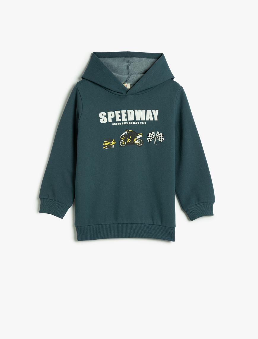  Erkek Çocuk Kapşonlu Sweatshirt Şardonlu Motorsiklet Baskılı Uzun Kollu Pamuklu