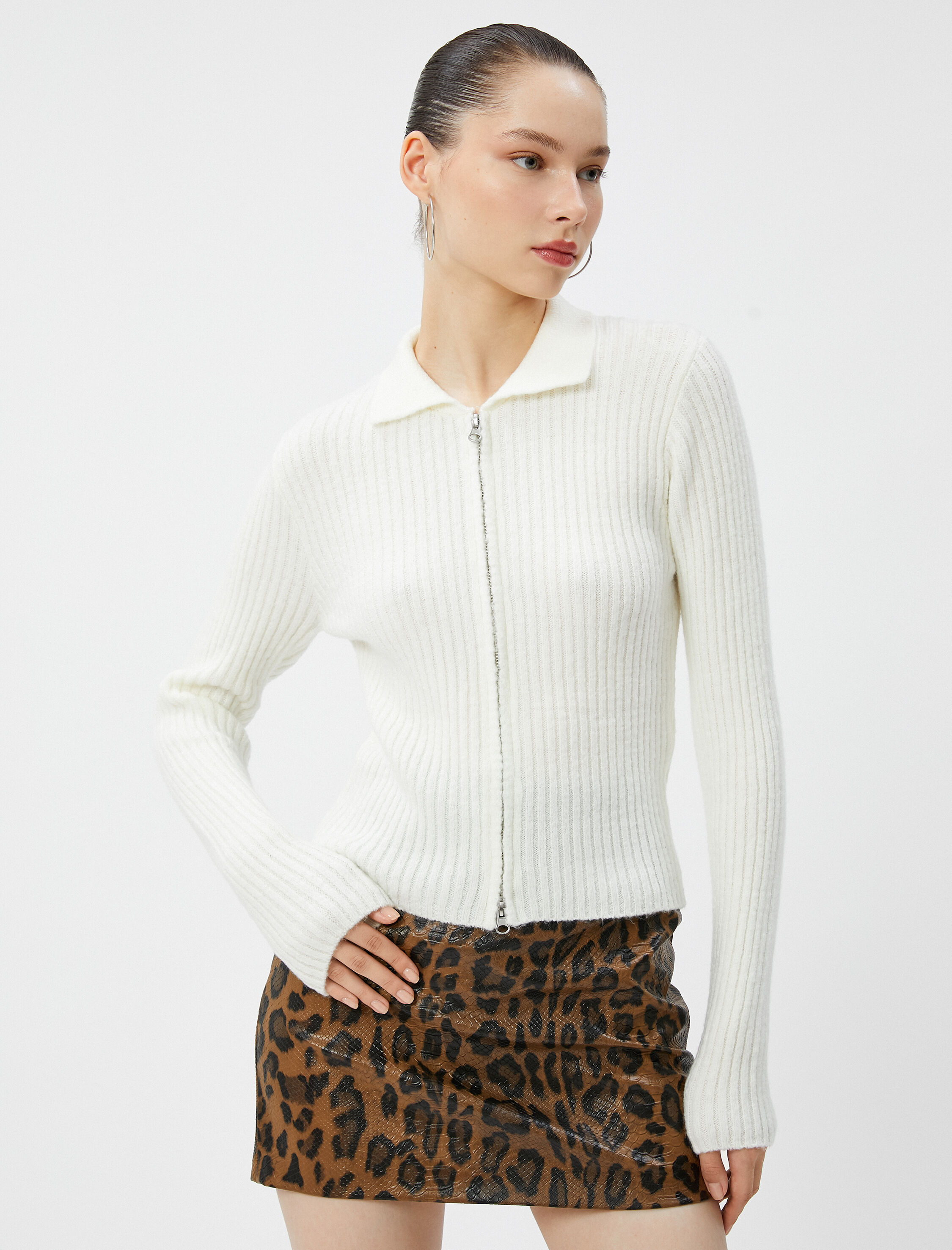   Fermuarlı Triko Hırka Fitilli Gömlek Yaka Uzun Kollu