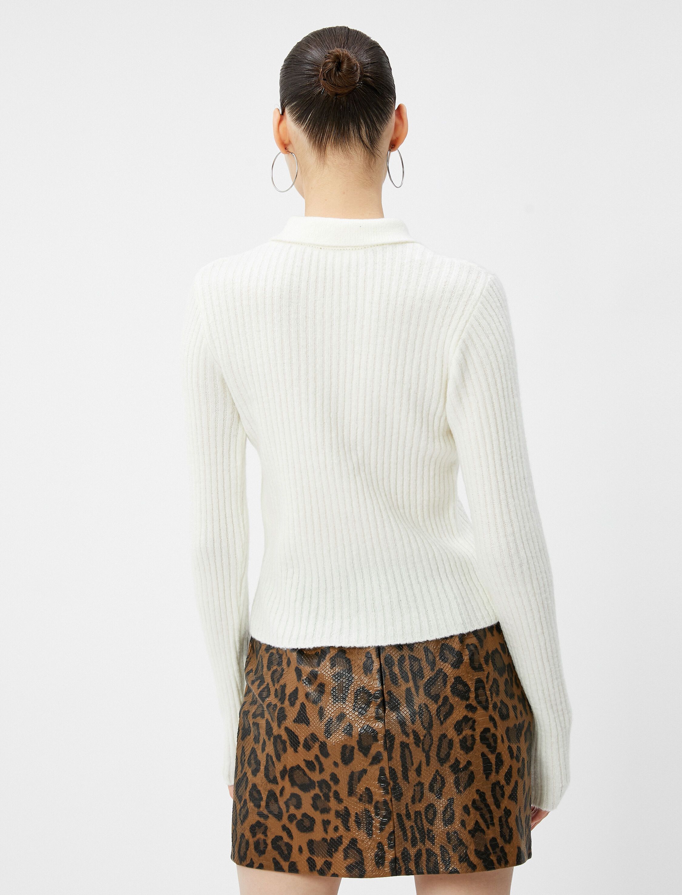   Fermuarlı Triko Hırka Fitilli Gömlek Yaka Uzun Kollu