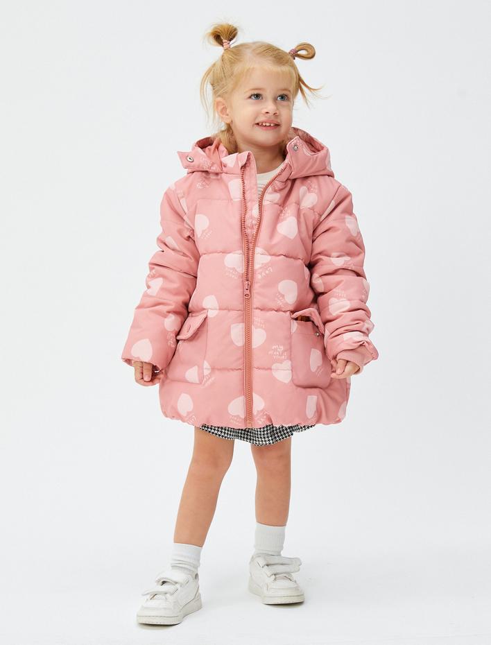Kız Bebek Kapşonlu Şişme Mont Kalp Baskılı Fermuarlı Rüzgar Kapaklı