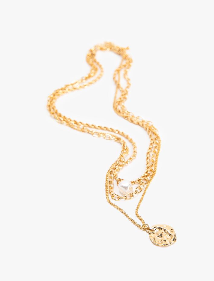 Kadın Katlı Zincir Kolye İnci Charmlı Madalyon Uçlu