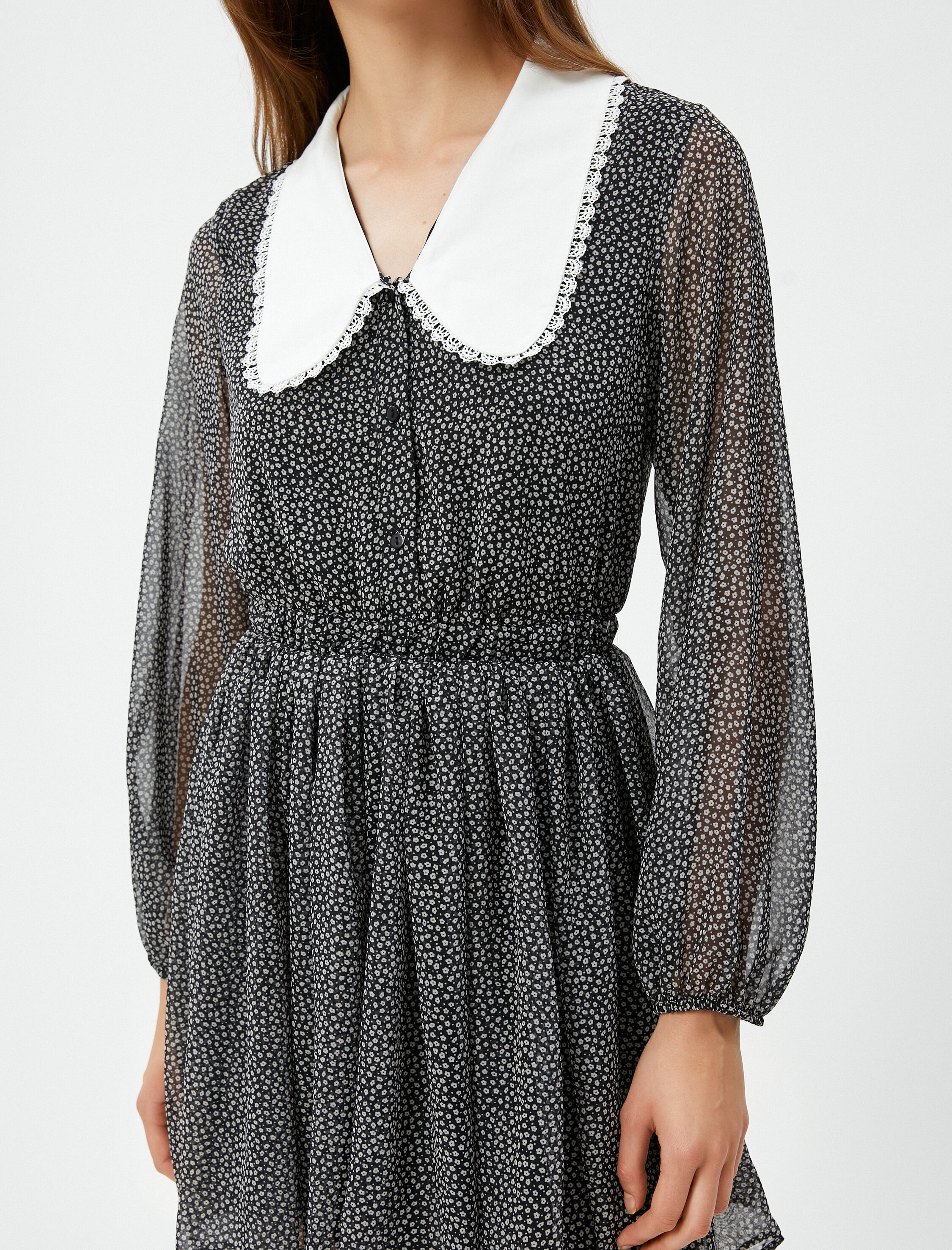   Şifon Çiçekli Elbise Bebe Yaka Balon Kollu Düğmeli Astarlı