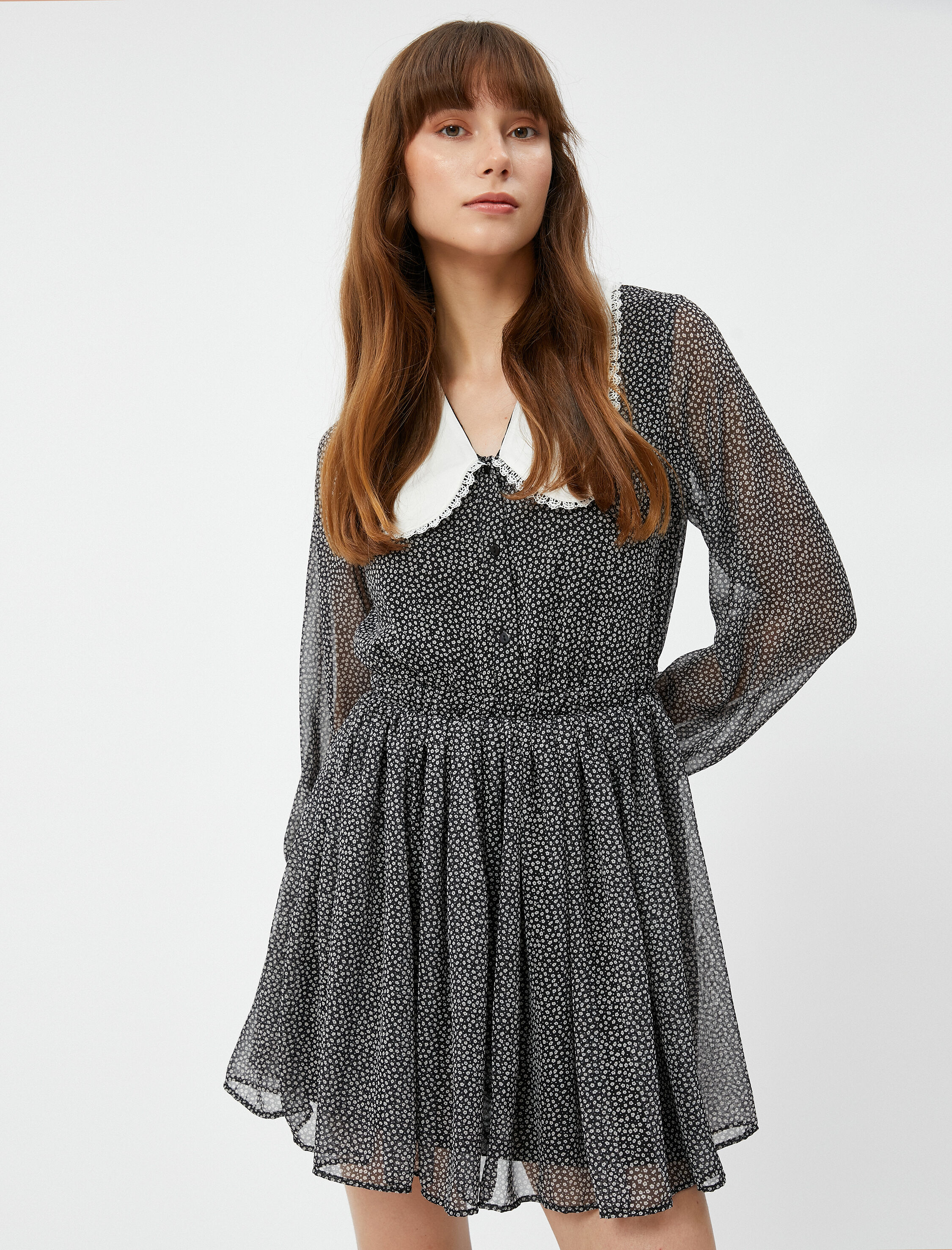   Şifon Çiçekli Elbise Bebe Yaka Balon Kollu Düğmeli Astarlı