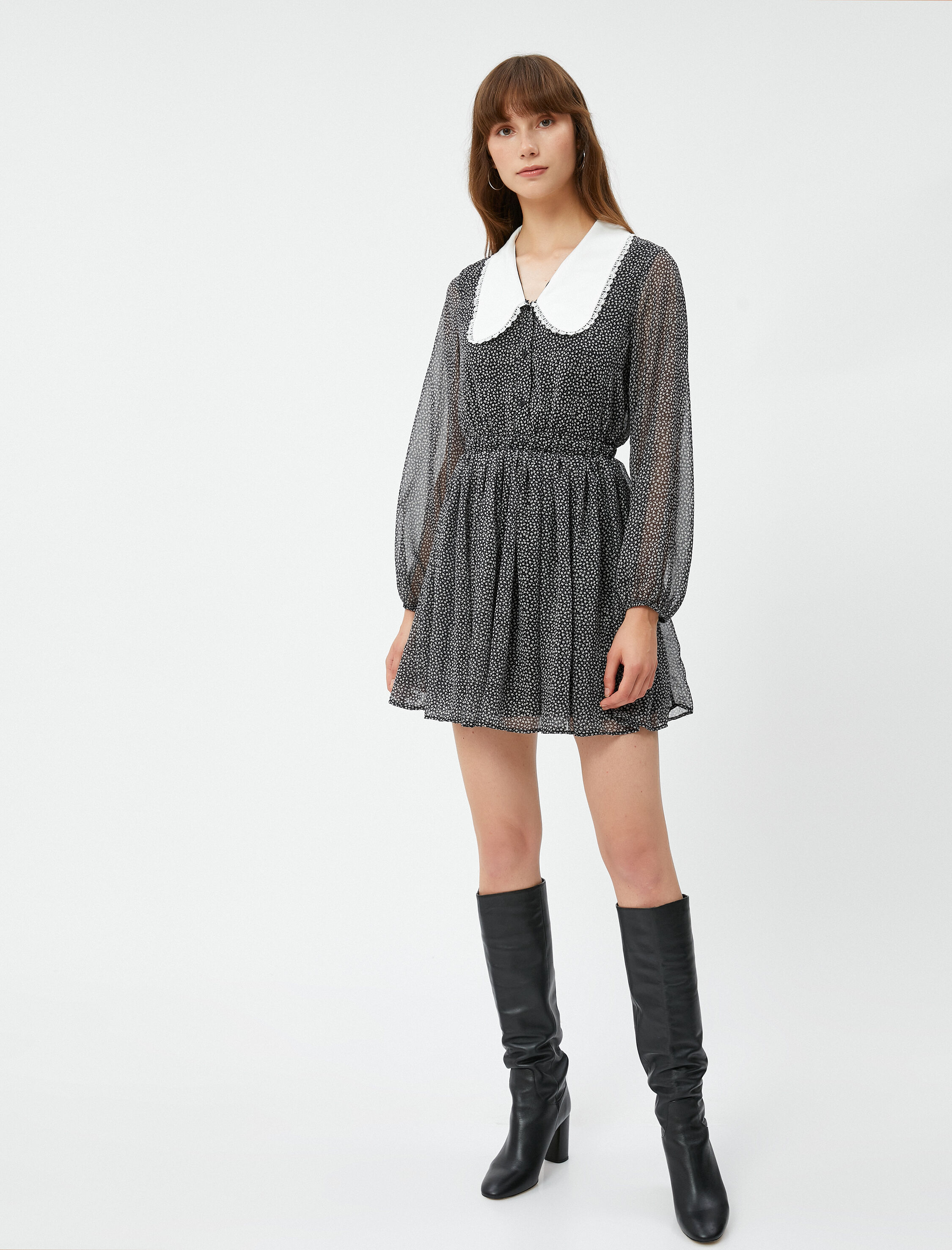   Şifon Çiçekli Elbise Bebe Yaka Balon Kollu Düğmeli Astarlı