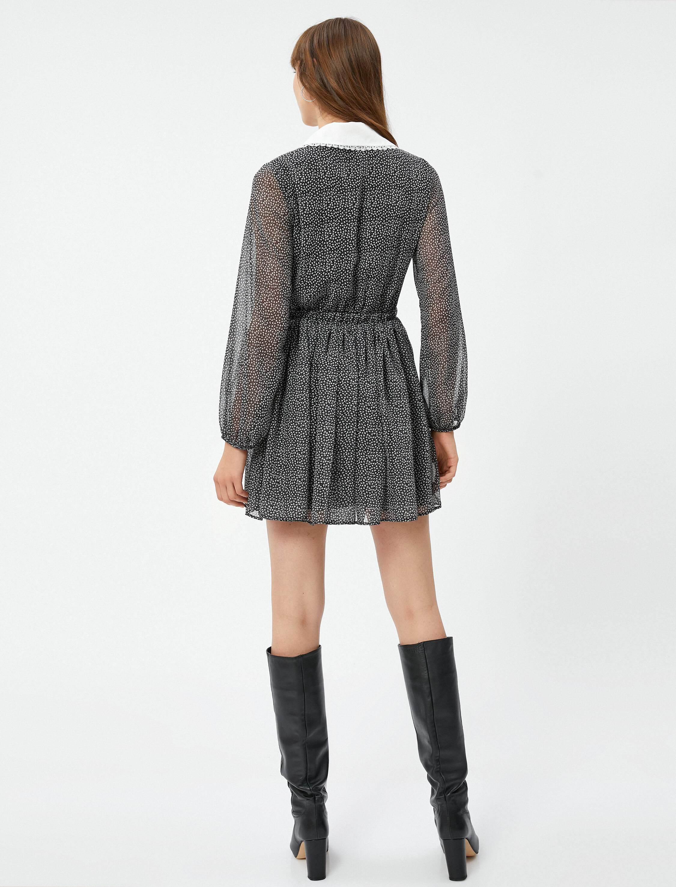   Şifon Çiçekli Elbise Bebe Yaka Balon Kollu Düğmeli Astarlı