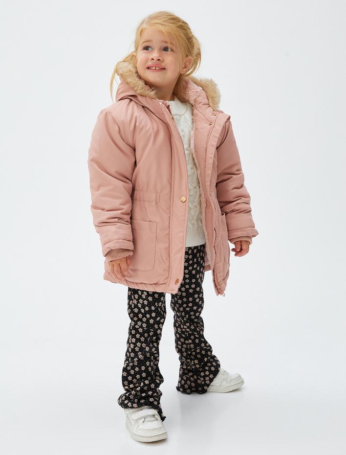 Kız Bebek Kapşonlu Kaban Peluş Astarlı Beli Lastikli Cepli Rüzgar Kapaklı