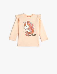 Basic Tişört Uzun Kollu Fırfır Detaylı Bisiklet Yaka