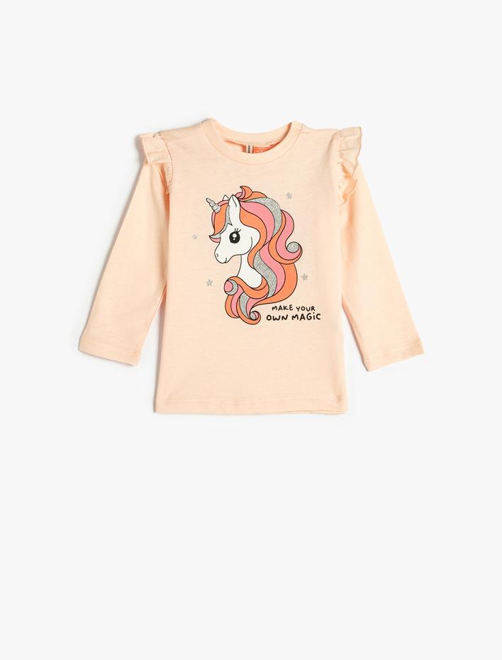 Kız Bebek Basic Tişört Uzun Kollu Fırfır Detaylı Bisiklet Yaka