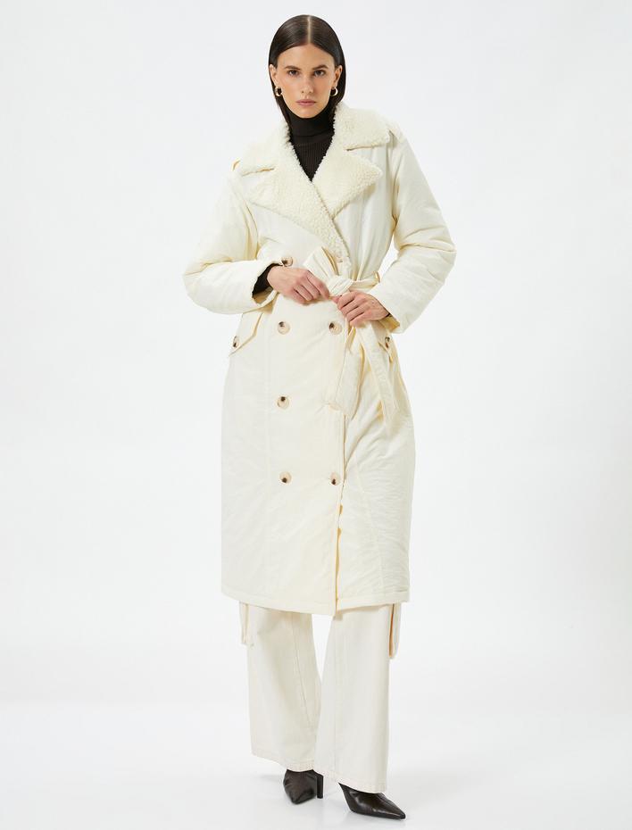  Midi Kruvaze Kaban Peluş Yaka Düğmeli Kuşaklı Cepli