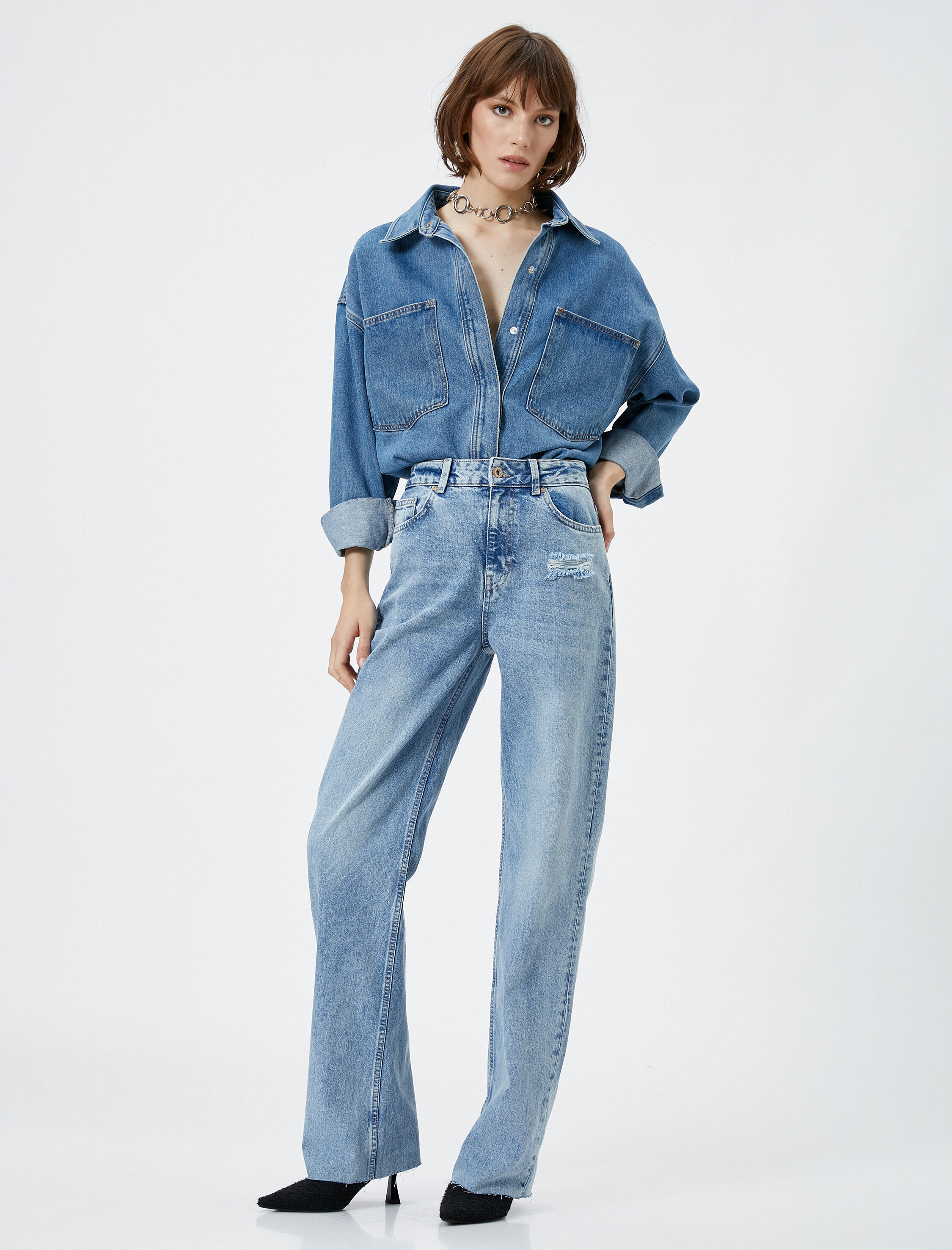   Düz Paça Kot Pantolon Yüksek Bel Cepli - Nora Jean