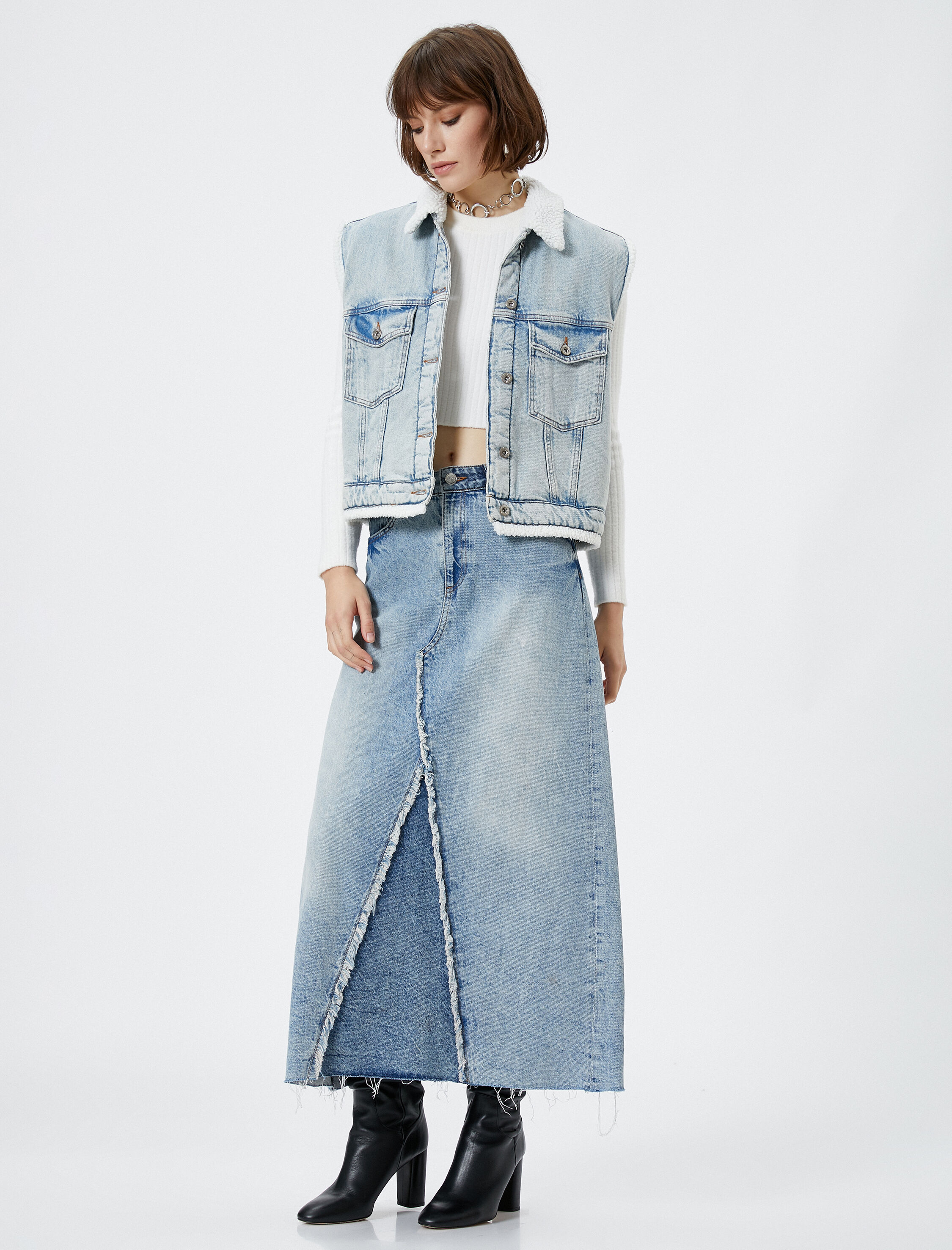   Midi Kot Etek Yüksek Bel Püskül Detaylı Cepli