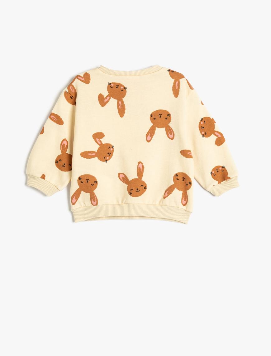  Kız Bebek Sweatshirt Tavşancık Baskılı Uzun Kollu Bisiklet Yaka Şardonlu Pamuklu