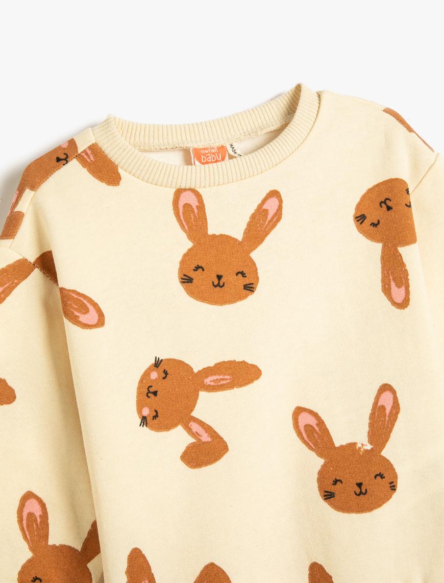  Kız Bebek Sweatshirt Tavşancık Baskılı Uzun Kollu Bisiklet Yaka Şardonlu Pamuklu