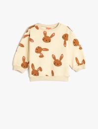 Sweatshirt Tavşancık Baskılı Uzun Kollu Bisiklet Yaka Şardonlu Pamuklu