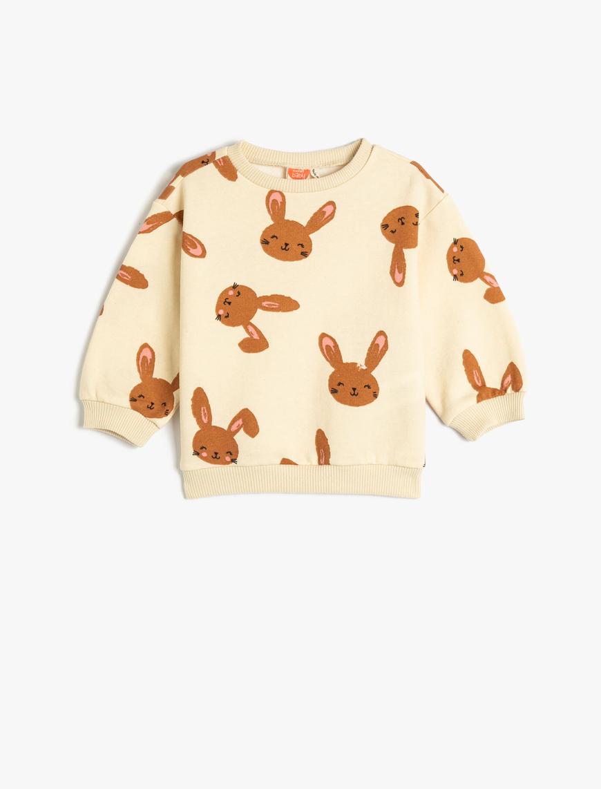  Kız Bebek Sweatshirt Tavşancık Baskılı Uzun Kollu Bisiklet Yaka Şardonlu Pamuklu