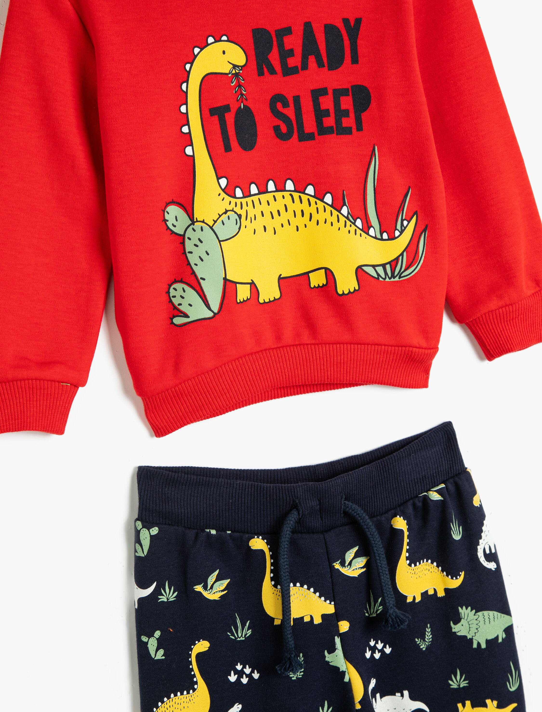  Erkek Bebek Dinozorlu Eşofman Takımı Uzun Kollu Bisiklet Yaka Beli Bağlamalı Pamuklu