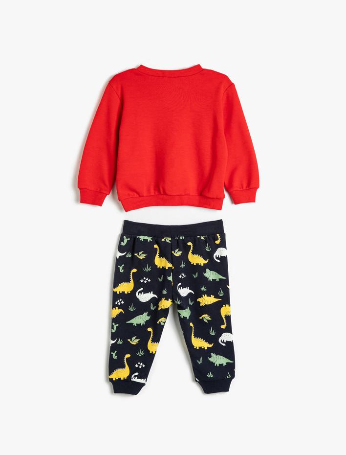 Erkek Bebek Dinozorlu Eşofman Takımı Uzun Kollu Bisiklet Yaka Beli Bağlamalı Pamuklu