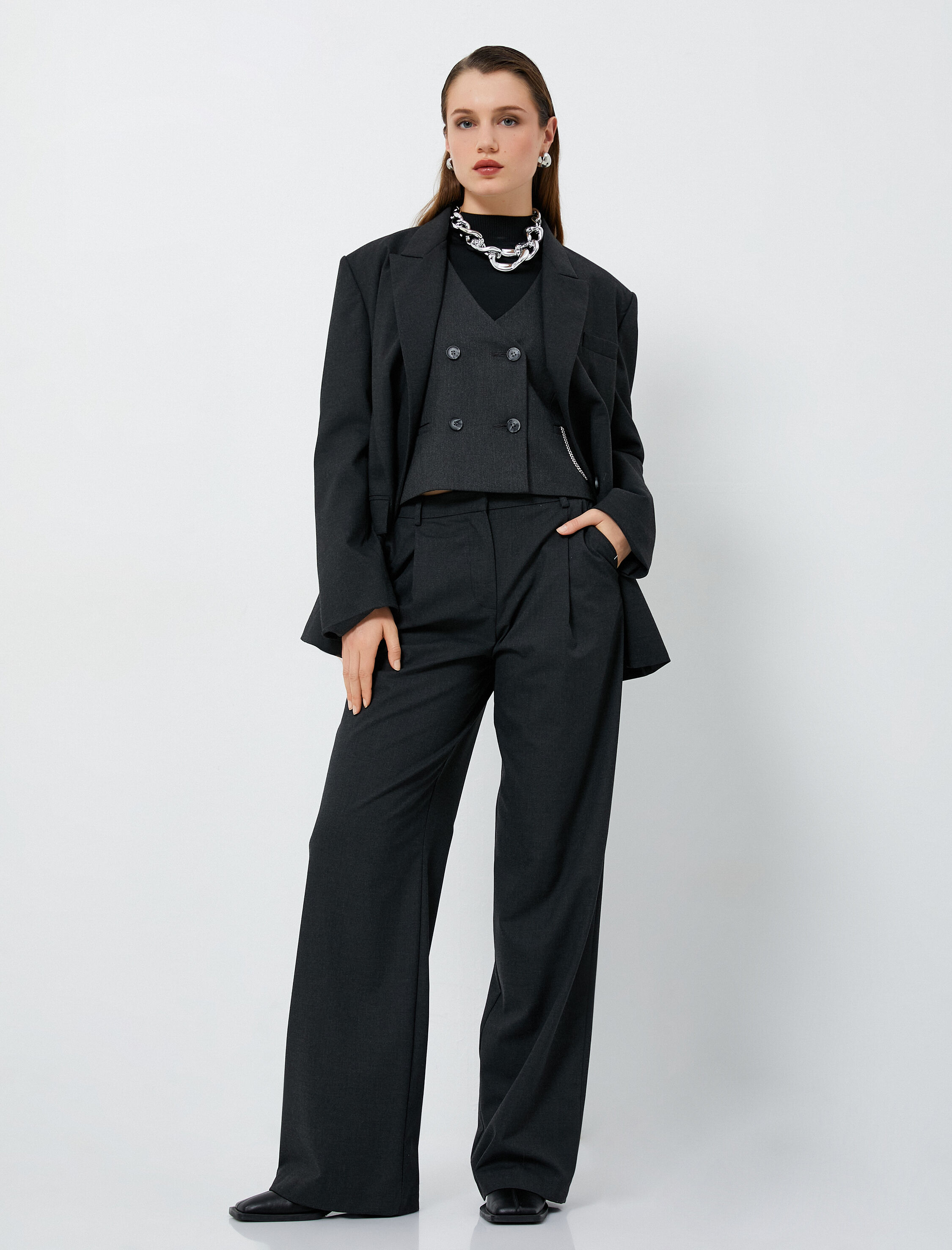   Palazzo Pantolon Yüksek Bel Bol Paça Pileli Cepli