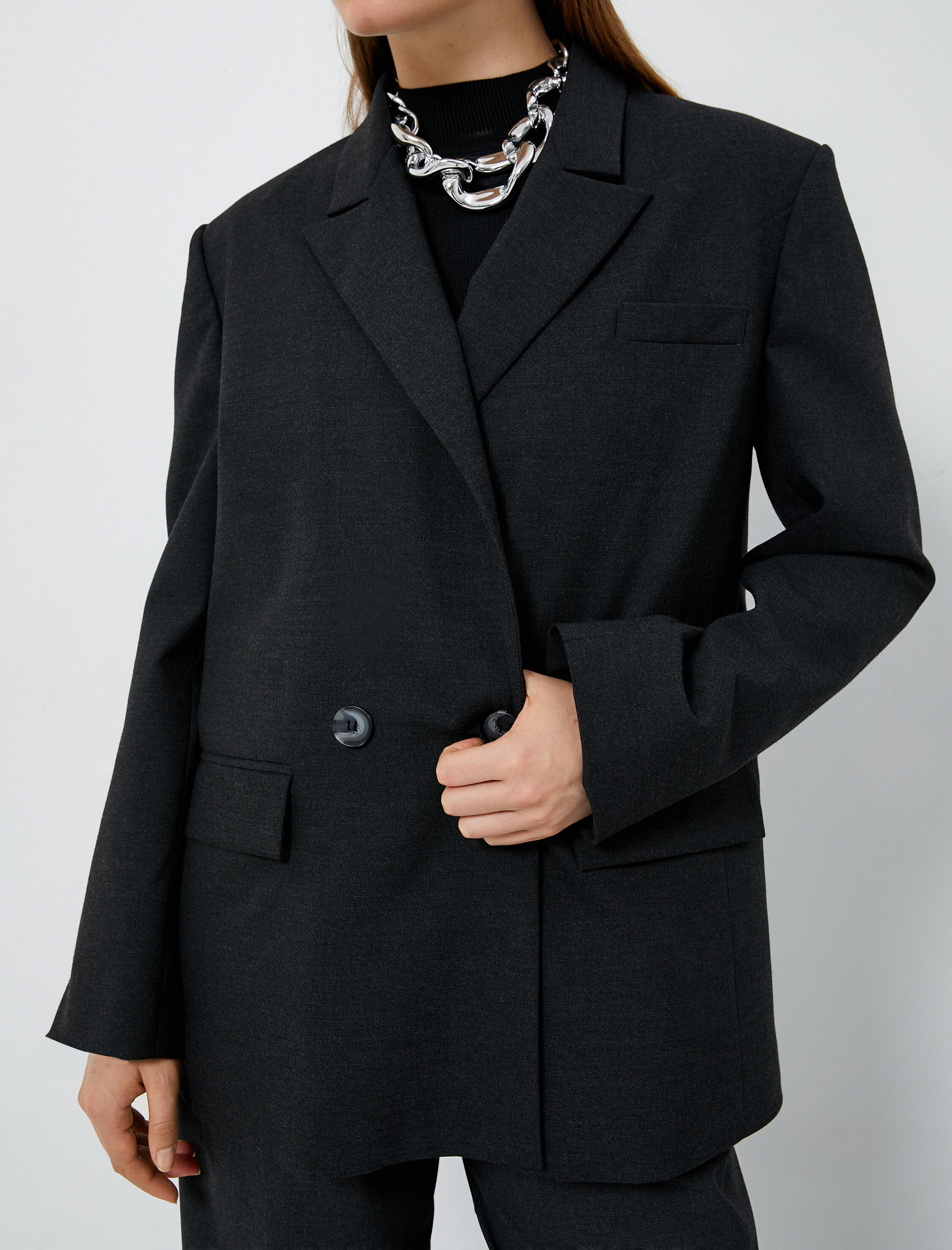   Oversize Blazer Ceket Kruvaze Düğmeli Kapaklı Cepli