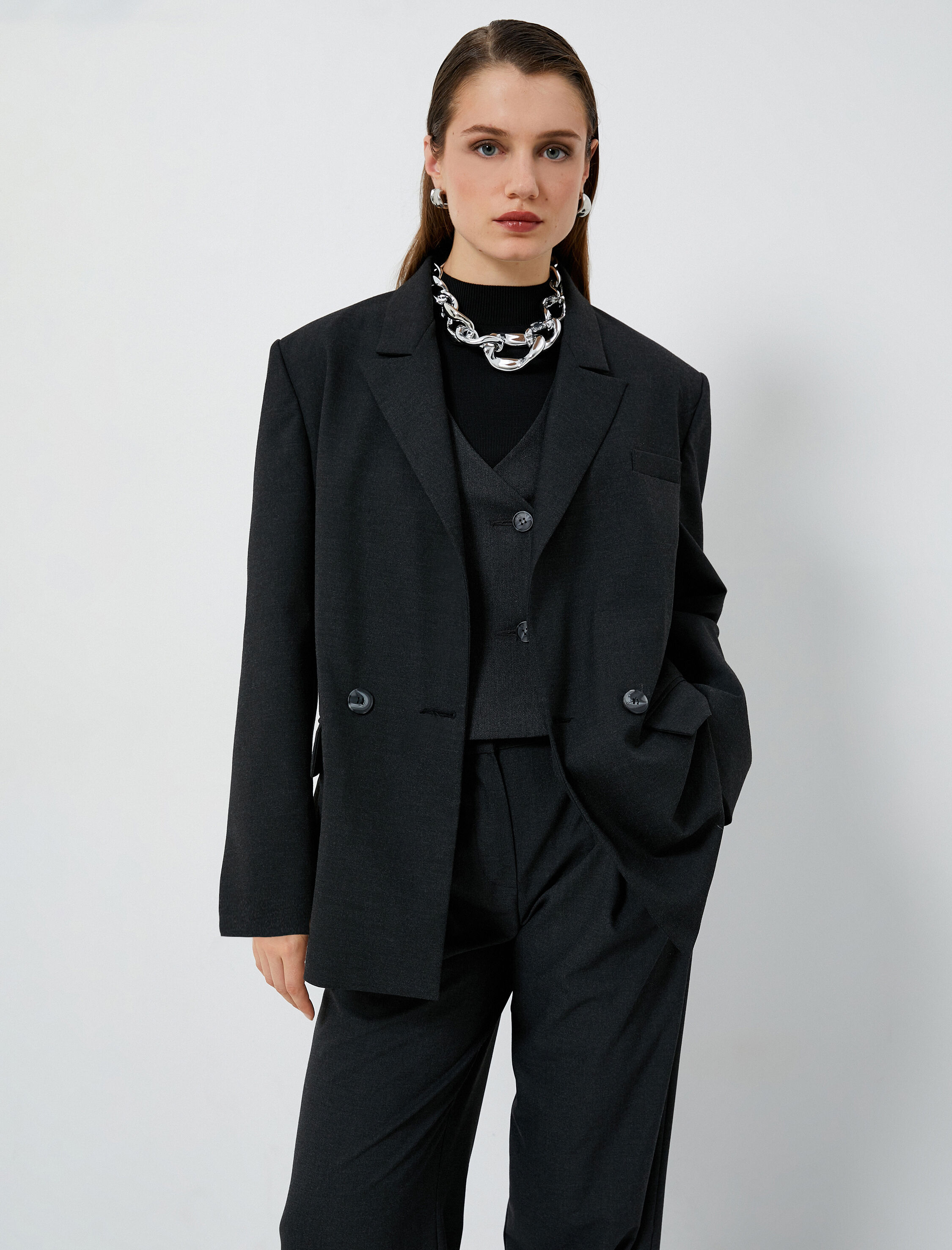   Oversize Blazer Ceket Kruvaze Düğmeli Kapaklı Cepli