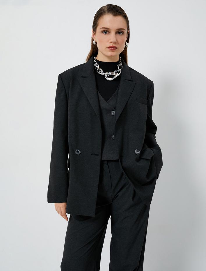  Oversize Blazer Ceket Kruvaze Düğmeli Kapaklı Cepli