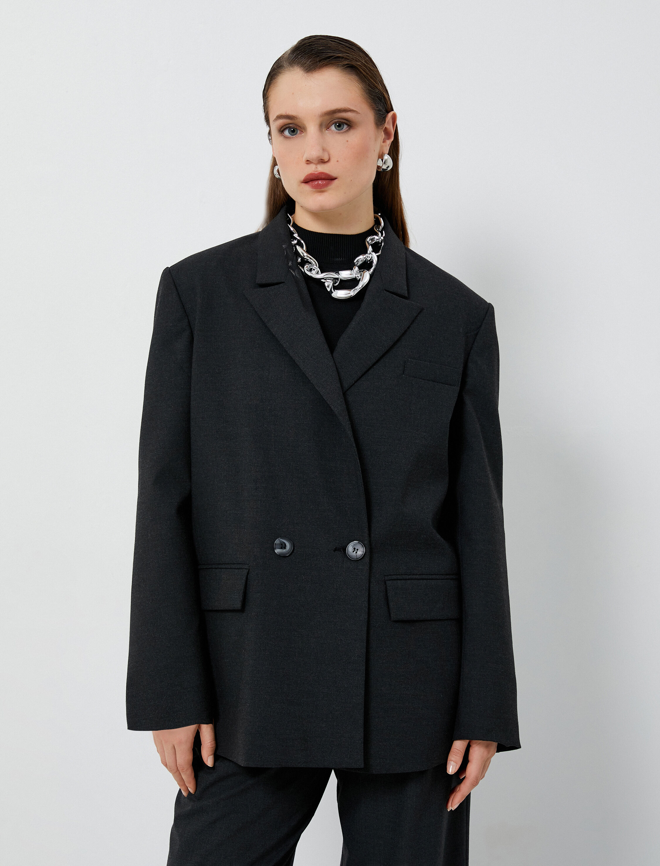   Oversize Blazer Ceket Kruvaze Düğmeli Kapaklı Cepli