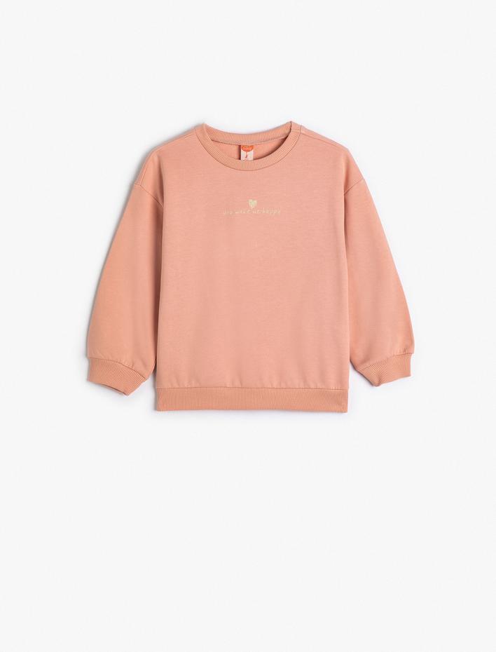 Kız Bebek Sweatshirt Uzun Kollu Bisiklet Yaka Baskı Detaylı Şardonlu Pamuklu