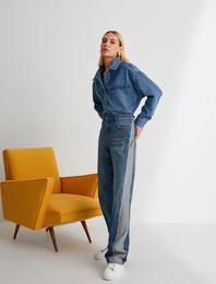 Normal Bel Bol Kot Pantolon Çift Renkli Cepli Pamuklu - Loose Straight Fit Jean