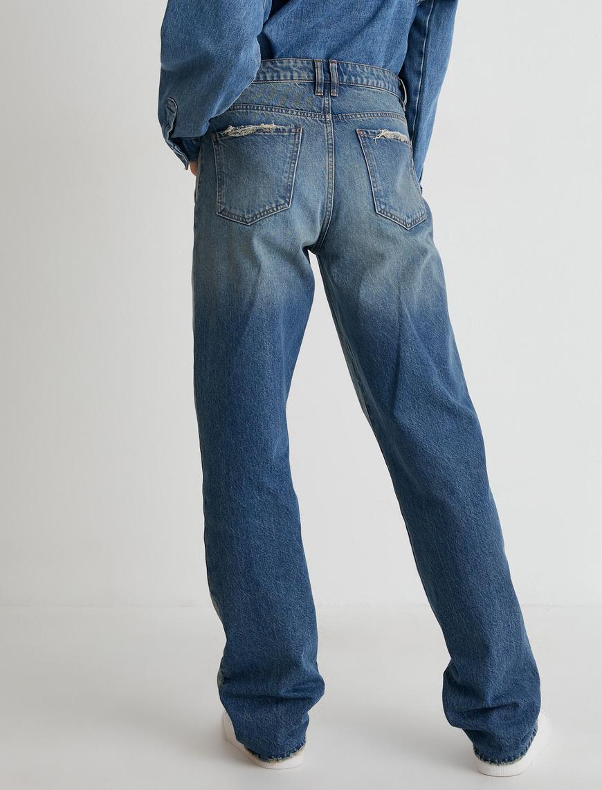   Normal Bel Bol Kot Pantolon Çift Renkli Cepli Pamuklu - Loose Straight Fit Jean