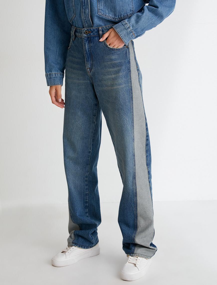   Normal Bel Bol Kot Pantolon Çift Renkli Cepli Pamuklu - Loose Straight Fit Jean