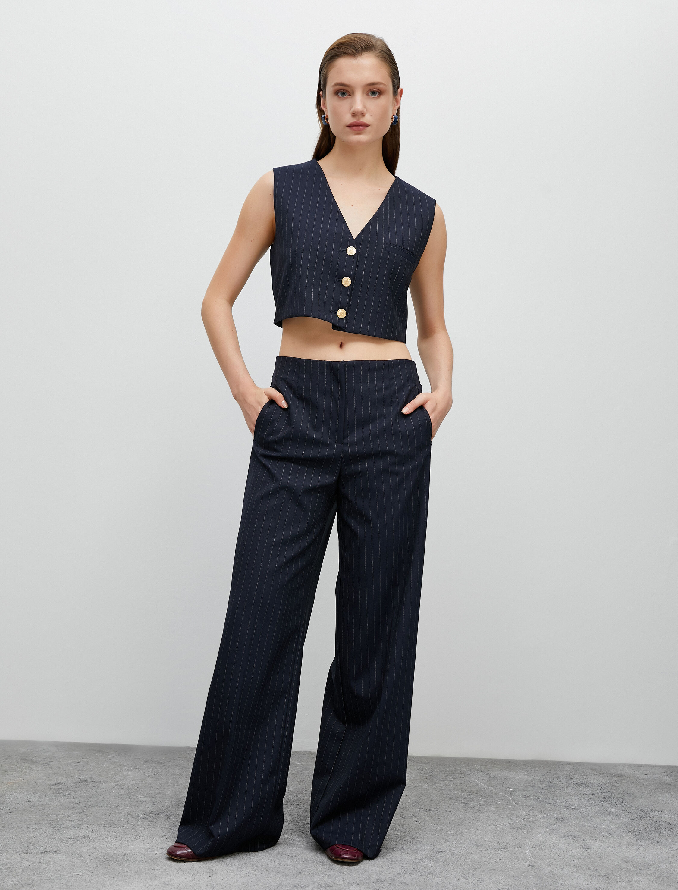   Bol Paça Pantolon Kumaş Yüksek Bel Cep Detaylı