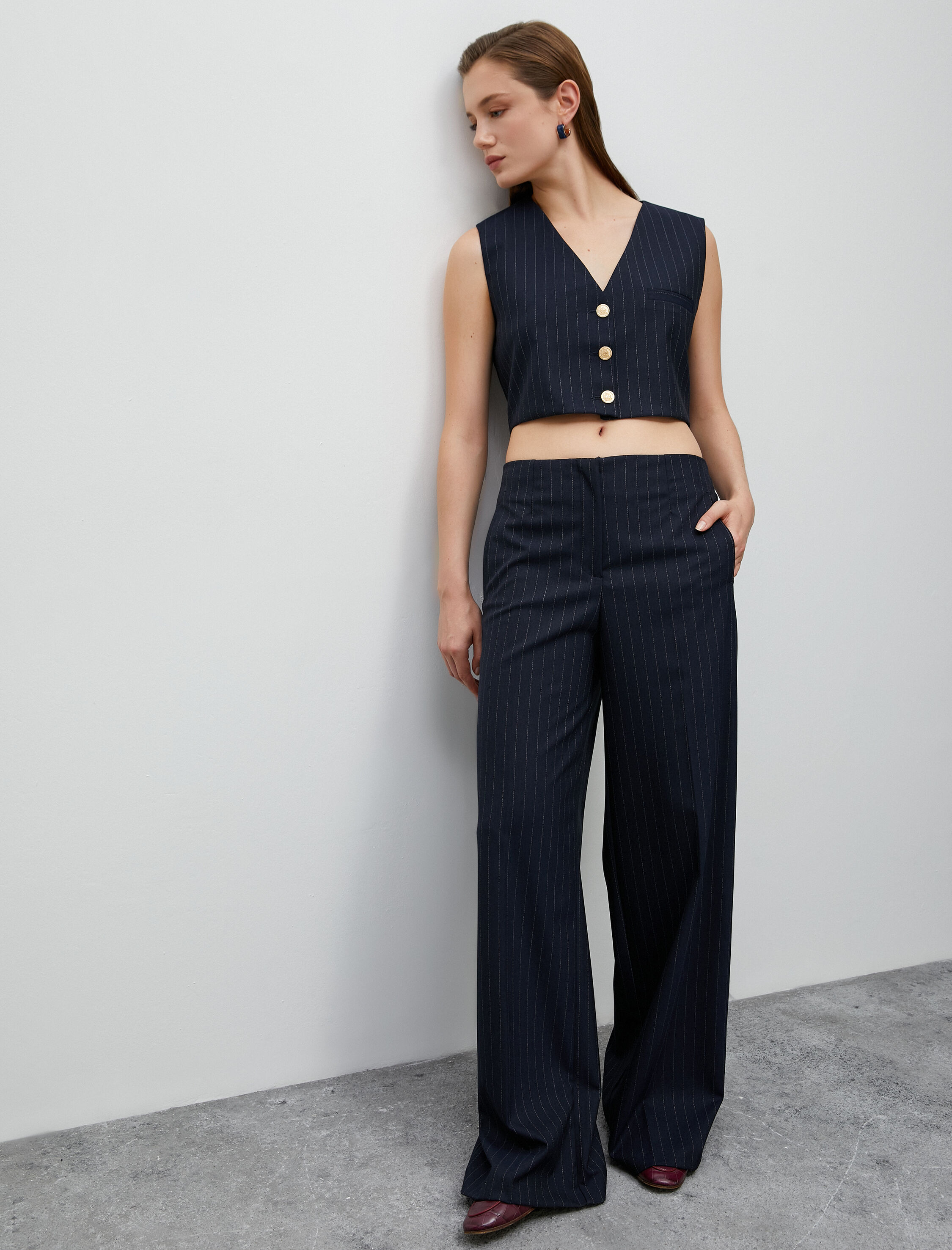   Bol Paça Pantolon Kumaş Yüksek Bel Cep Detaylı