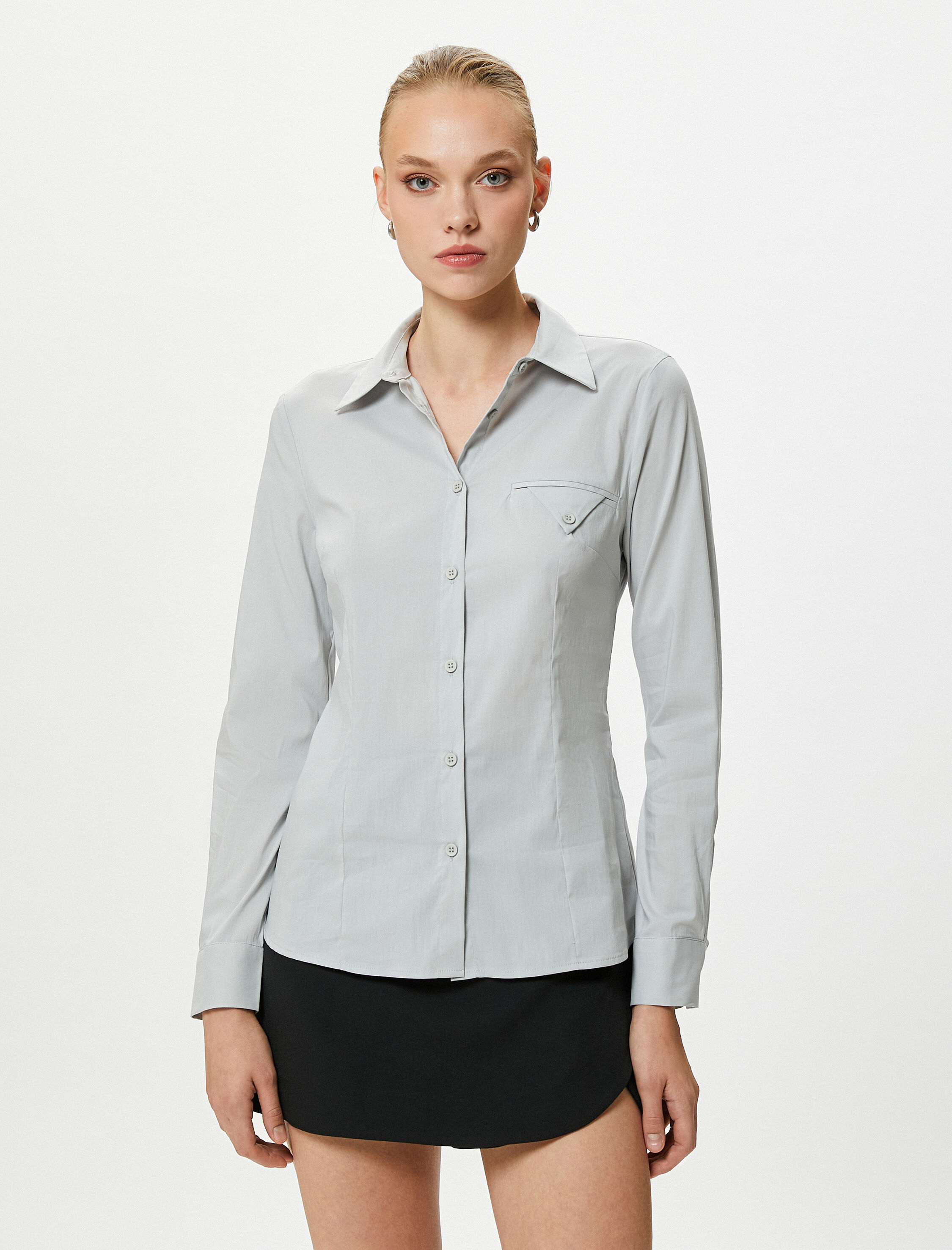   Klasik Gömlek Uzun Kollu Düğmeli Cep Detaylı