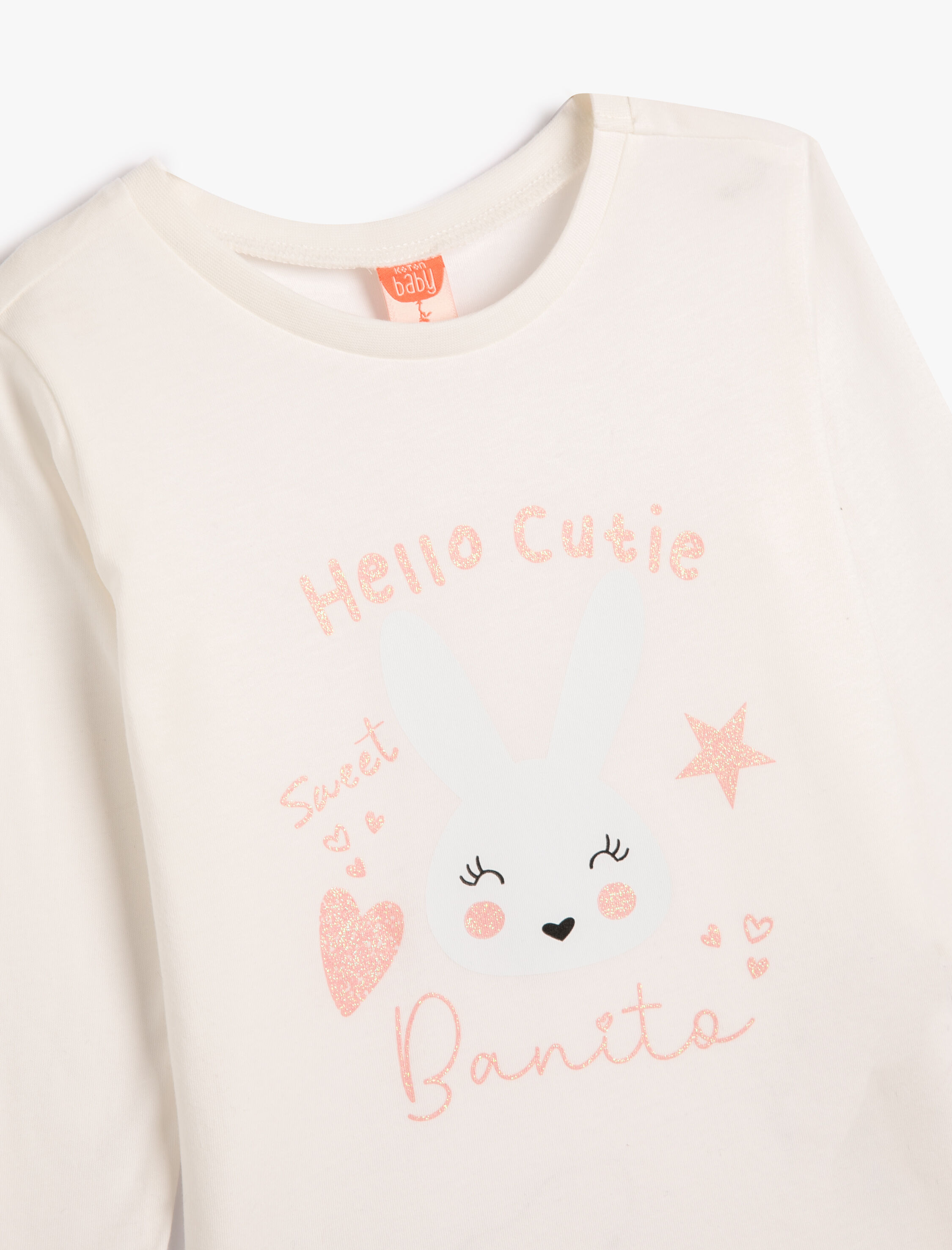  Kız Bebek Tişört Uzun Kollu Bisiklet Yaka Tavşan Baskılı Pamuklu