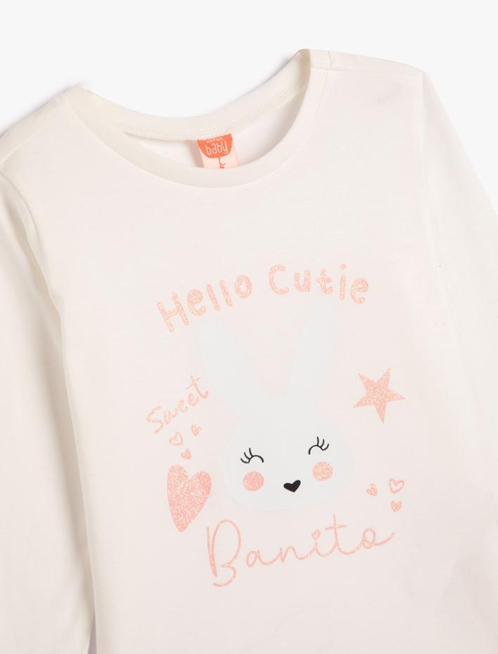 Kız Bebek Tişört Uzun Kollu Bisiklet Yaka Tavşan Baskılı Pamuklu