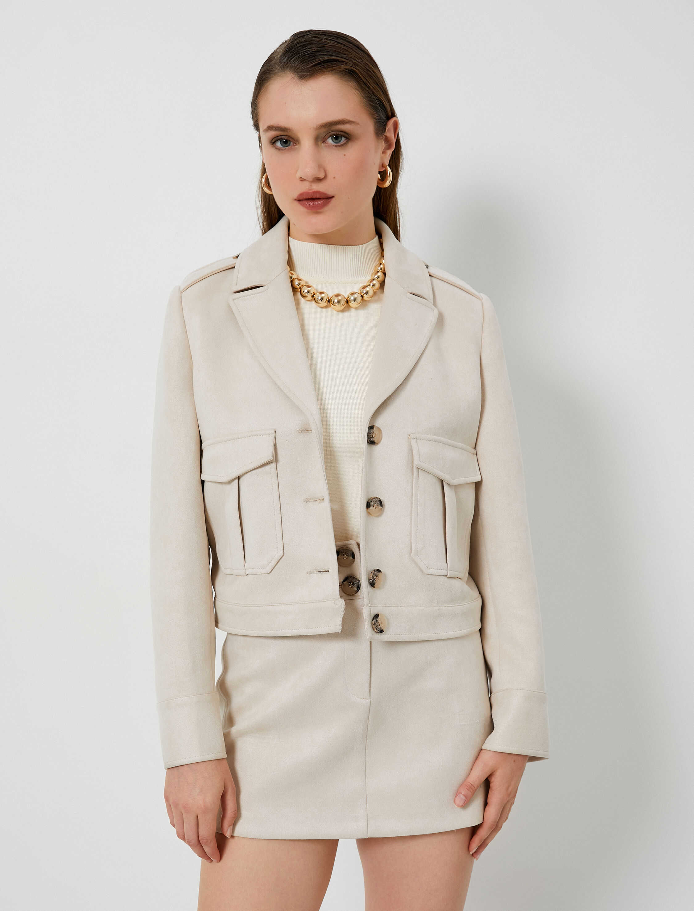   Süet Görünümlü Ceket Düğmeli Cep Detaylı Apoletli