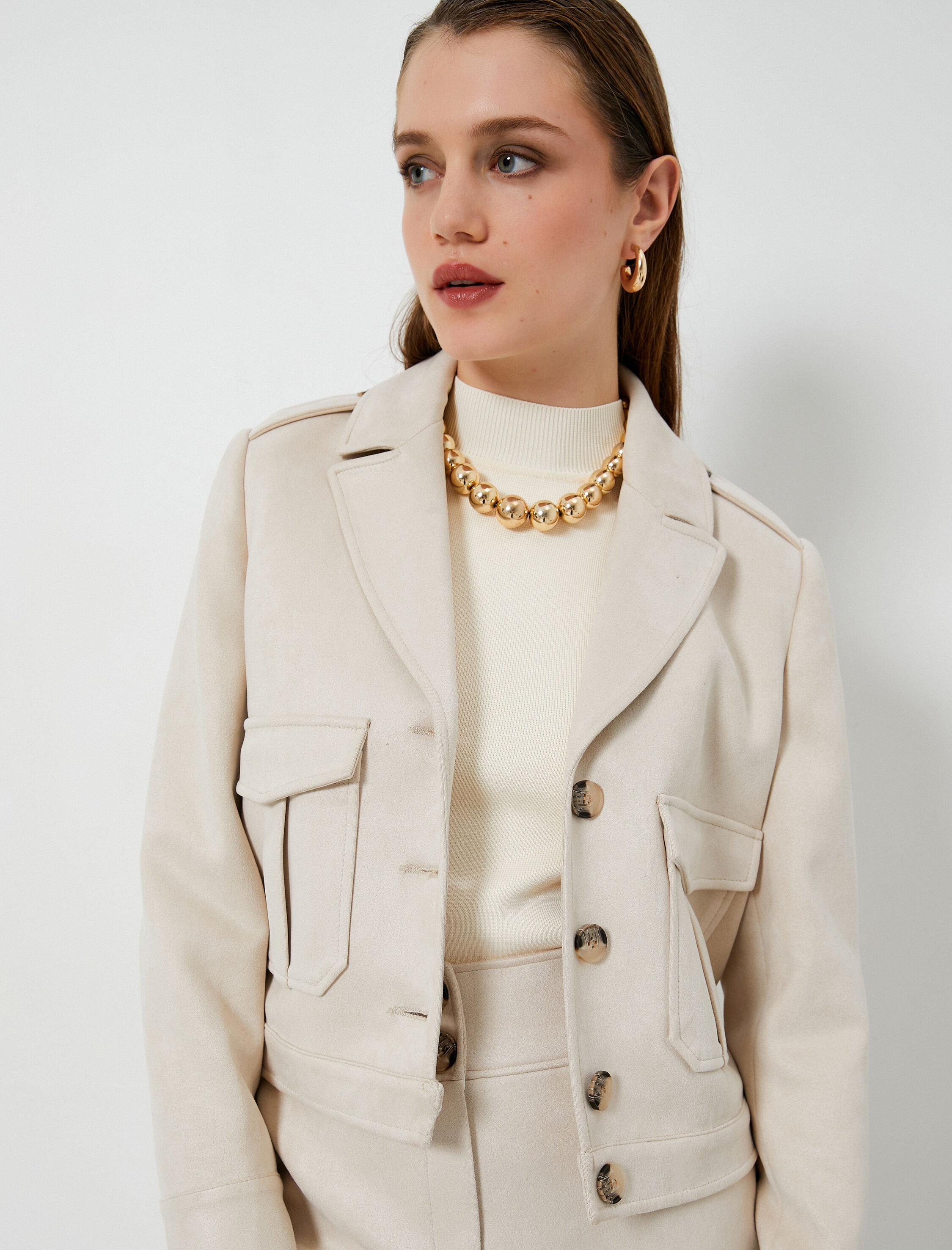   Süet Görünümlü Ceket Düğmeli Cep Detaylı Apoletli