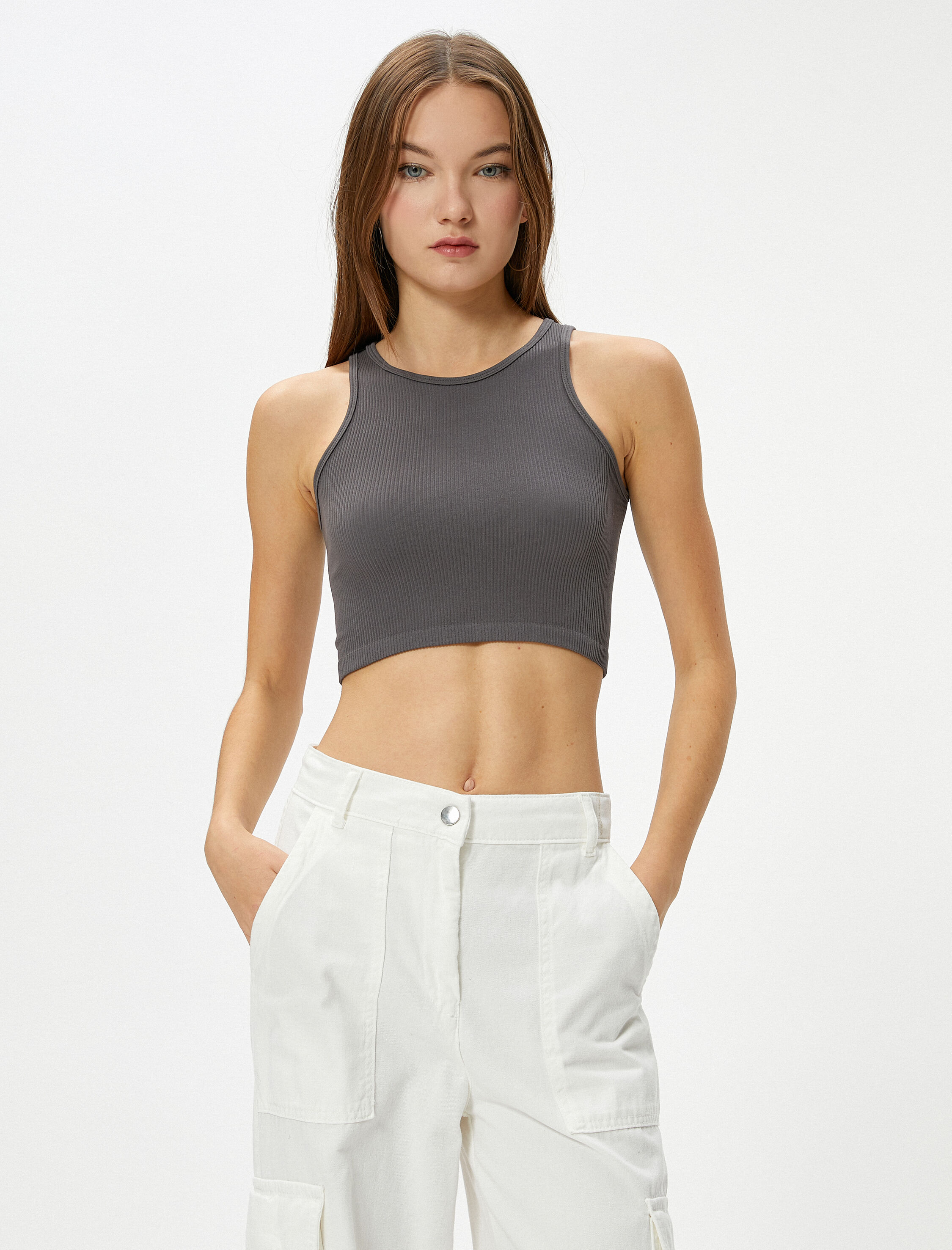   Basic Crop Atlet Yuvarlak Yaka Ribanalı