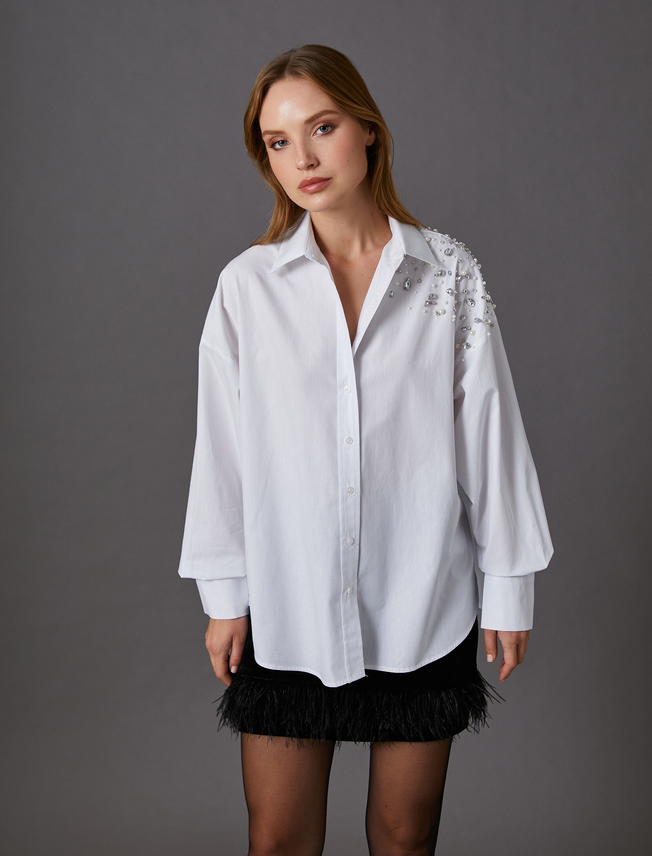   Parlak Taşlı Gömlek Uzun Kollu Düğmeli Pamuklu - El Emeği Koleksiyonu